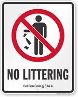 No Littering California Penal Code Sign