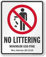 No Littering Mississippi Law Sign