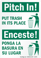 Pitch In! Put Trash Sign Bilingual